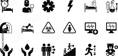 Medical health icons set, hospital symbols, healthcare pictograms, emergency signs, patient care graphics, doctor nurse vector