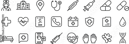 Medical icons set, healthcare symbols, hospital, nurse, doctor tools, medicine, syringe, pills, stethoscope, heart, DNA