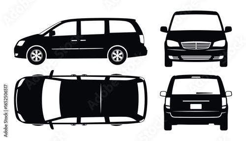 Dark Minivan Vector Illustration: Detailed Side, Front, Top, and Back Views, Transportation