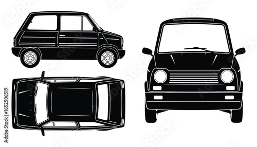 Classic Small City Car Black Vector Illustration - Front, Side, and Top Views. Automotive. Transportation.