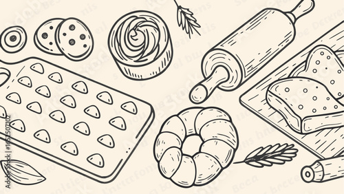 Illustration of baking tools and baked goods including cookies bread and a rolling pin on a surface