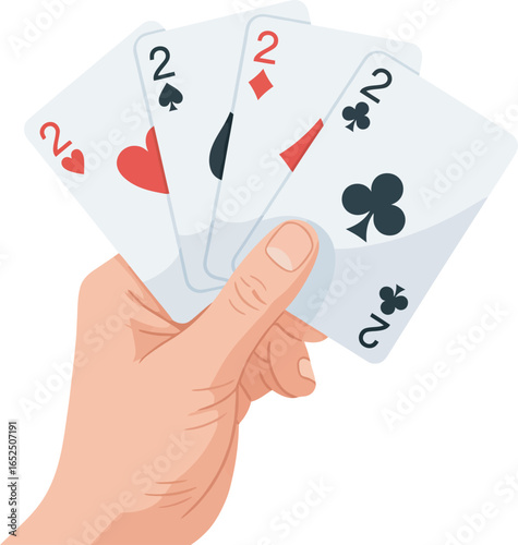 A hand holding four playing cards, all showing the number two with different suits: hearts, spades, diamonds, and clubs.