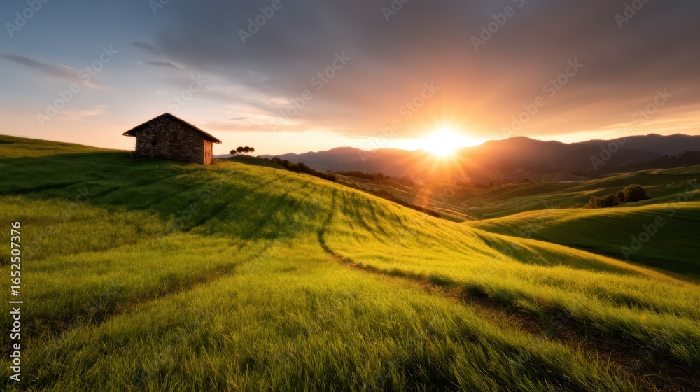 Fototapeta premium A picturesque sunrise casts a golden glow over rolling green hills, highlighting a solitary rustic cabin surrounded by nature's beauty and tranquility.