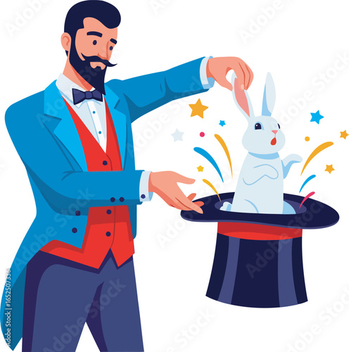 A magician with a beard pulls a white rabbit from a top hat, surrounded by celebratory sparkles.