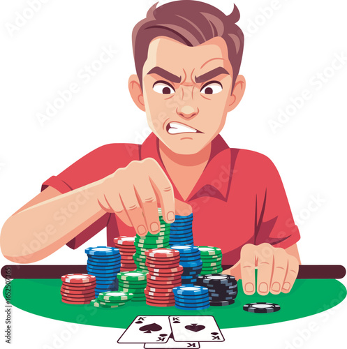 Cartoon illustration of a man intensely playing poker, focused on the game.