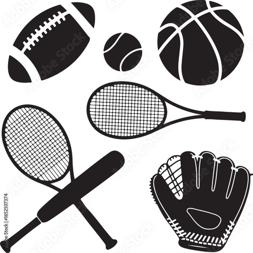 Black silhouette icons of football tennis ball basketball tennis rackets baseball bat glove on white