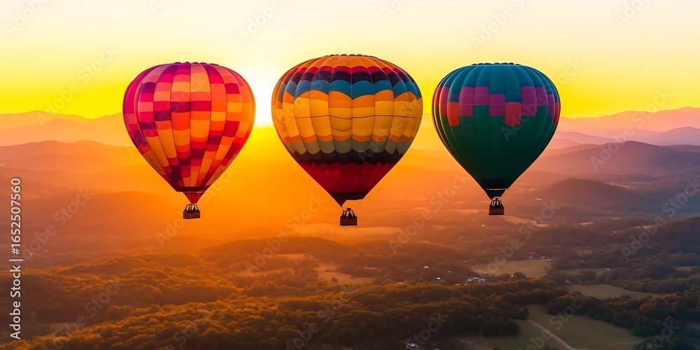Fototapeta premium Spectacular hot air balloons soaring over landscape at sunrise or sunset