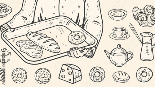 Chef holding a tray with bread and donut surrounded by pastries and coffee related items sketch