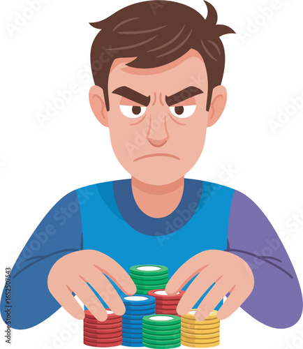 Serious man intensely playing poker, carefully managing his chips.