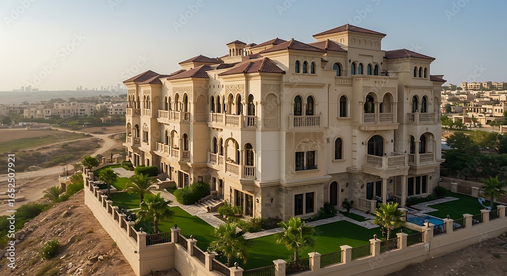 Naklejka premium Exclusive Ornate urban townhouse overlooking scenic hills in Dubai for Sale Dream Home