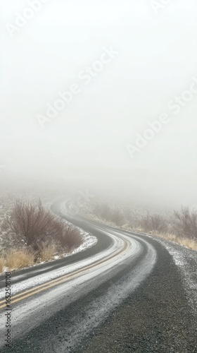 Fog-Shrouded Country Lane Curving into Obscurity, Ethereal Visual for Music Album Art and Poetry Books.