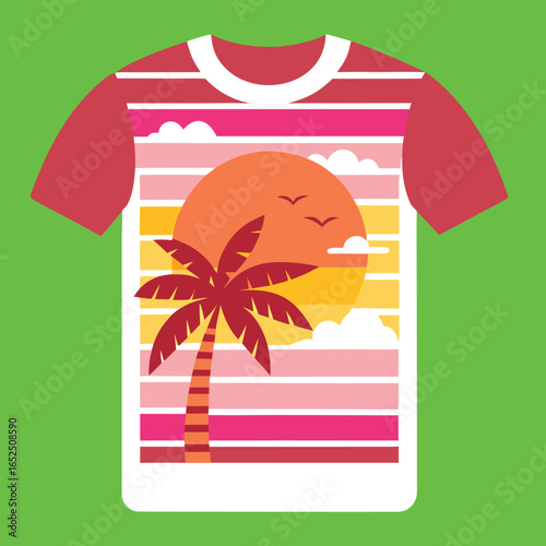 A trendy black t-shirt featuring a bold retro-style graphic with rainbow gradient stripes, palm trees, flying birds, and the word "DESIGN." Perfect for casual wear, summer outfits, and fashion lovers 