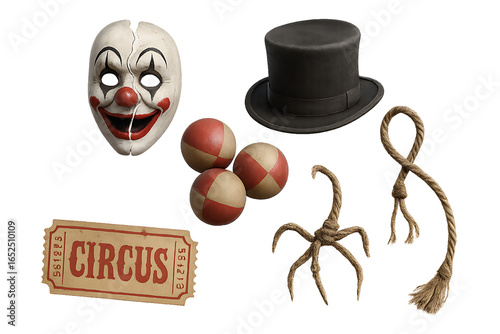 Circus clown mask with juggling balls, top hat, rope, and ticket, evoking vintage carnival atmosphere