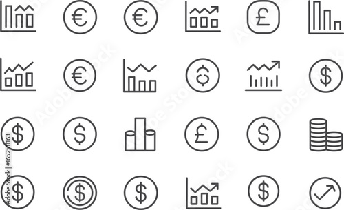 Flat vector illustration finance icon set, money, currency symbols, dollar, euro, pound, chart, coin stack, growth, investment, economyFlat vector illustration finance icon set,