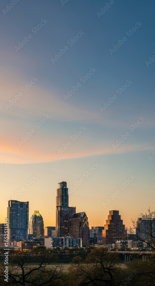 Obraz premium Austin skyline at dawn showcasing architectural diversity and sky colors