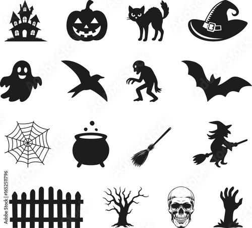 Halloween Silhouette Vector Set with Ghost, Witch, Pumpkin and Bat
