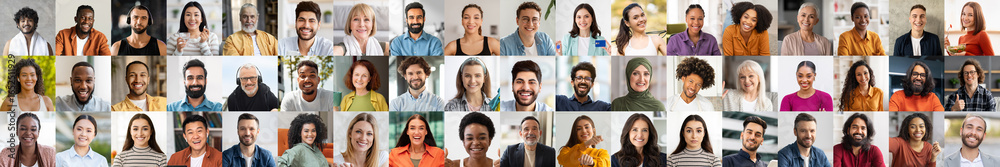 Fototapeta premium A vibrant collection of diverse individuals showcases a range of smiles and expressions. Viewed in a bright, lively setting, the happy faces reflect unity and multiethnic connections.