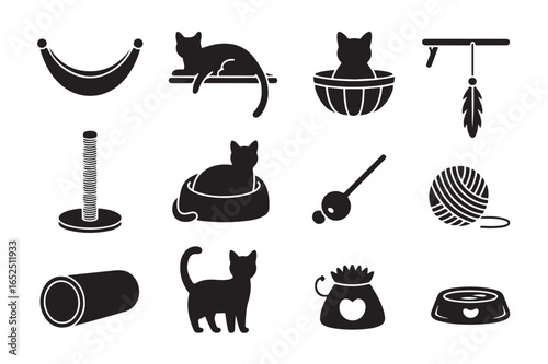 Cat accessories and cats silhouettes vector illustrations
