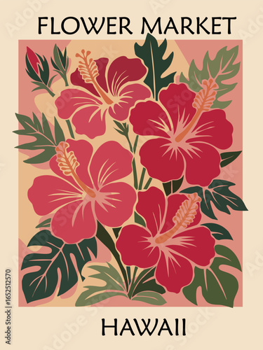 Retro vector poster of a flower market featuring Hawaii’s state flower, red hibiscus. Vintage travel style, tropical design, colorful, exotic, botanical illustration