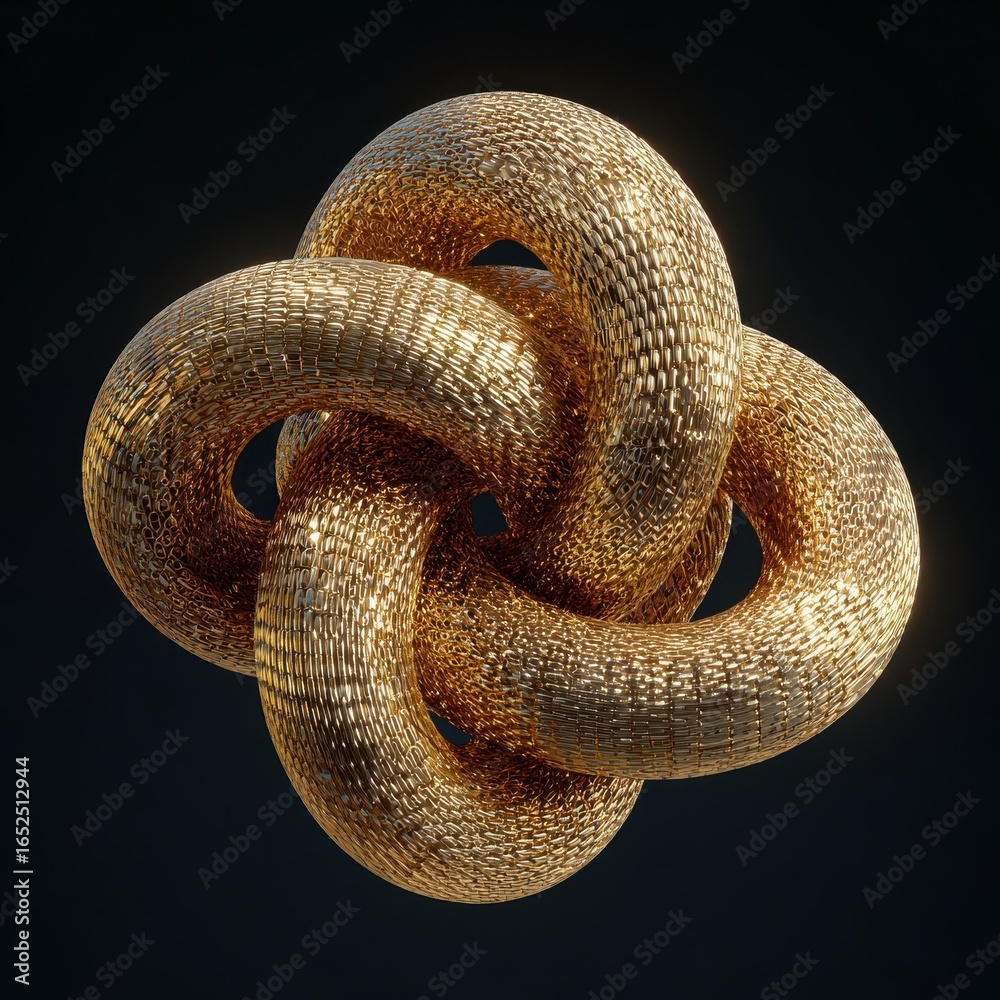 Obraz premium Golden knot sculpture, three linked rings on dark background. Abstract use