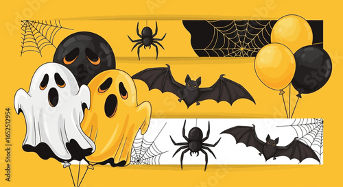 Spooky Halloween fun with ghosts, bats, spiders, and balloons creating a festive, eerie atmosphere.
