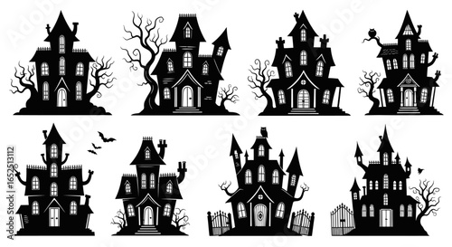 Spooky haunted houses and bats silhouettes create a chilling Halloween scene for festive decorations