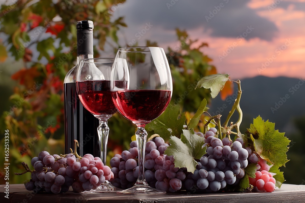 An inviting image of wine glasses, grapes, and a bottle set against a lush vineyard backdrop, embodying warmth, elegance, and the essence of a cozy evening. An inviting image of wine glasses, grapes, and a bottle set against a lush vineyard backdrop, embodying warmth, elegance, and the essence of a cozy evening.