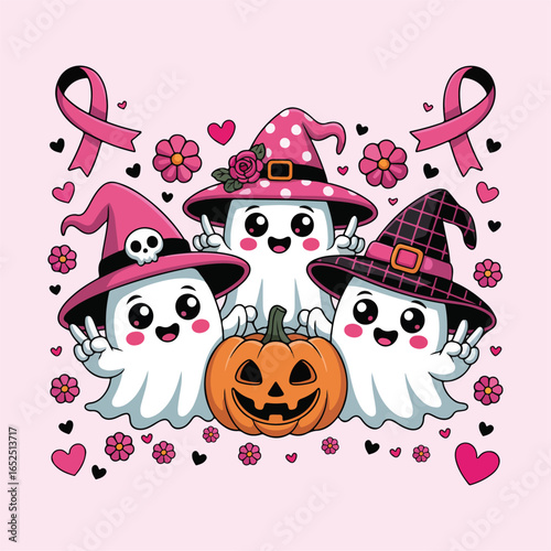 Spooky Halloween Ghosts with Pink Ribbon for Breast Cancer Awareness
