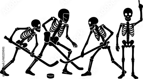  A group of skeletons playing hockey with a grim reaper referee 


