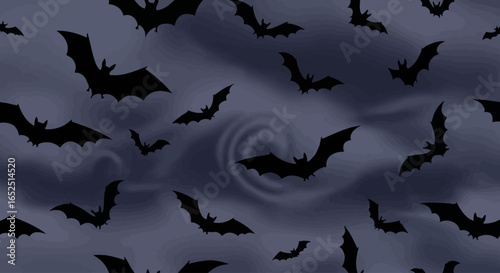 Spooky Halloween bats fly through a dark, cloudy night sky creating a chilling atmosphere