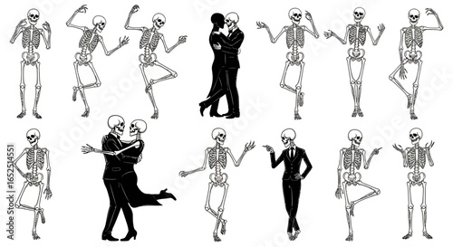 Diverse skeletons striking poses, dancing, and gesturing for creative projects and Halloween themes