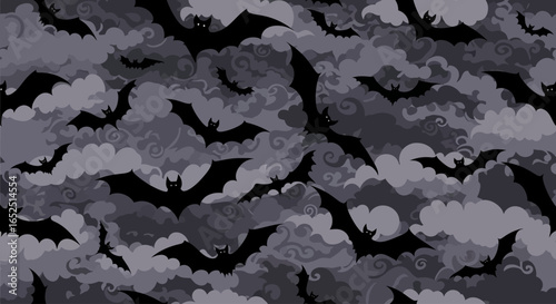 Spooky bats flutter ominously through a dark, cloudy Halloween night sky