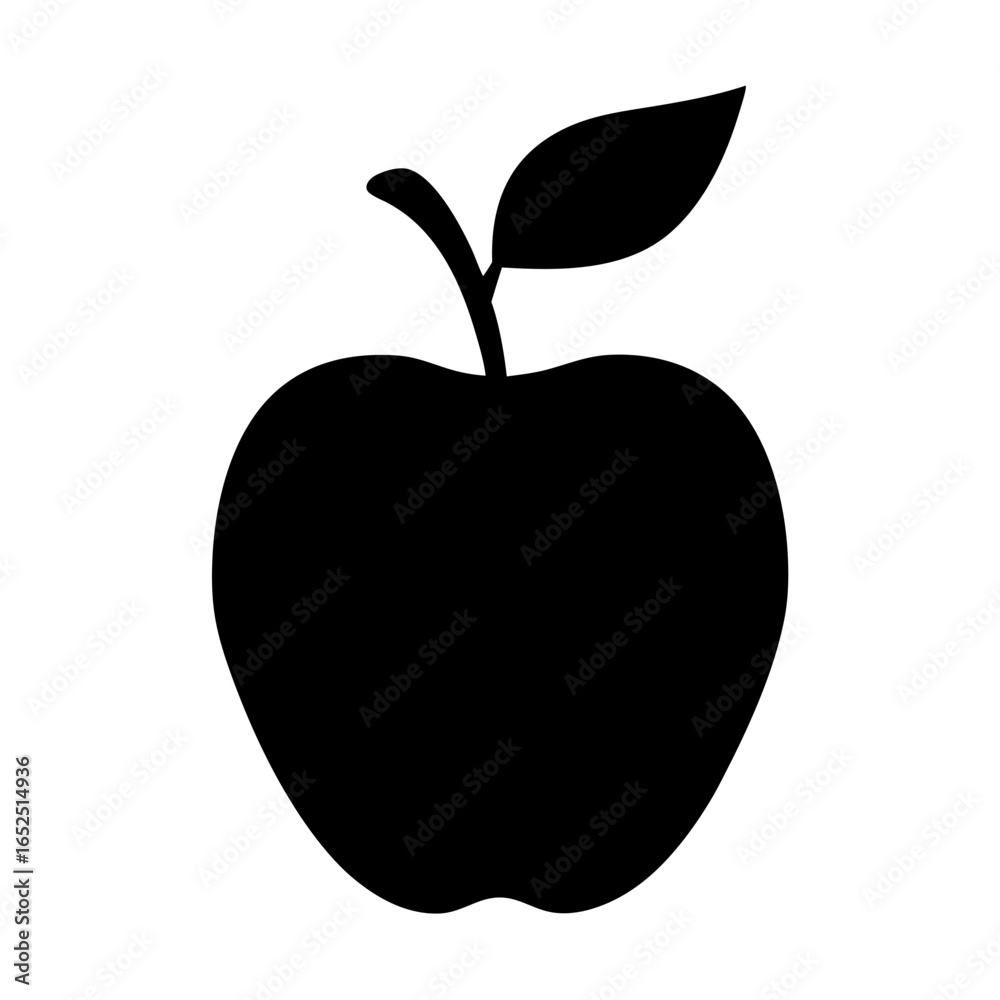 Fototapeta premium Silhouette of a Ripe Apple with Stem and Leaf on White Background