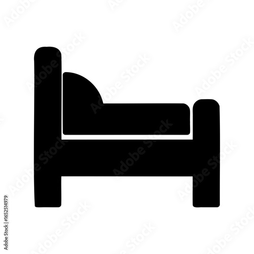 A simple black and white icon of a bed with a headboard