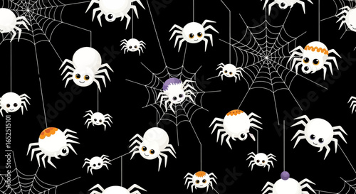 Whimsical Halloween spiders dangle playfully on webs, creating a fun, festive, and slightly spooky holiday pattern