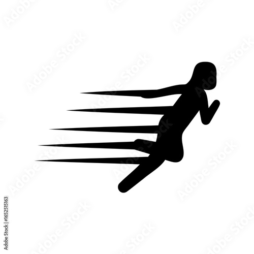 A stylized black silhouette of a runner in motion with speed effect