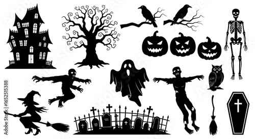 Spooky Halloween silhouettes including haunted house, zombies, witch, ghost, pumpkin, skeleton, and graveyard elements