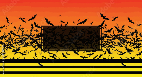 Spooky bats swarm against a vibrant sunset gradient for your thrilling Halloween designs and projects.
