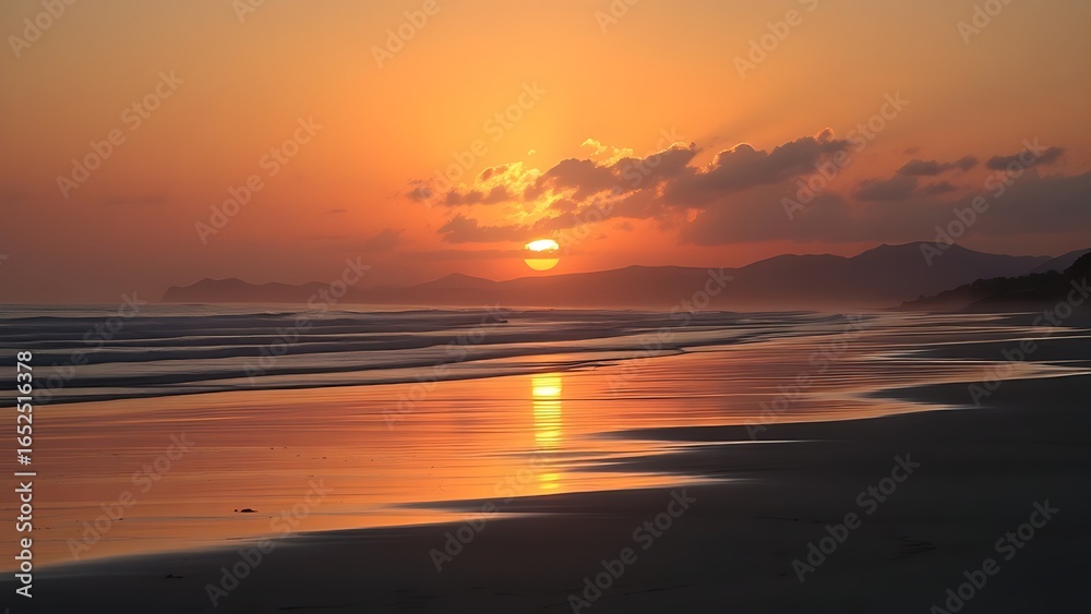Sunset beach landscape with silhouettes and a warm coastal atmosphere.