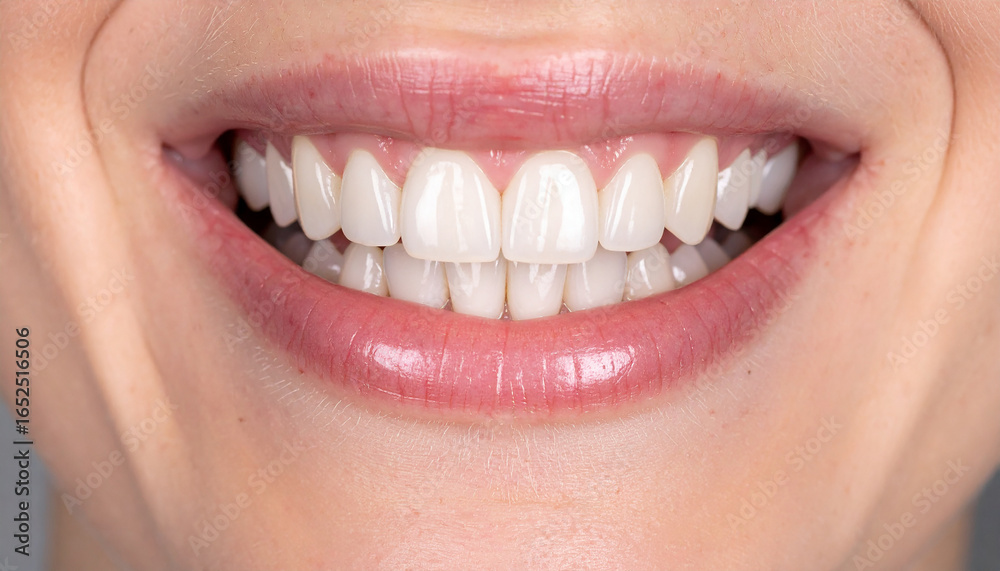 Shiny white teeth with glossy enamel. Bright natural smile. Orthodontic result. Dental care, hygiene Shiny white teeth with glossy enamel. Bright natural smile. Orthodontic result. Dental care, hygiene