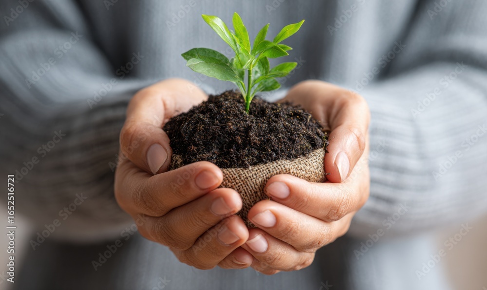 Hands holding a small green plant in soil during indoor gardening Hands holding a small green plant in soil during indoor gardening