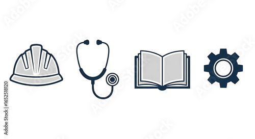 Visual representation showcasing symbols for various professions including engineering, medicine, education, and manufacturing, illustrating professional diversity and collaboration