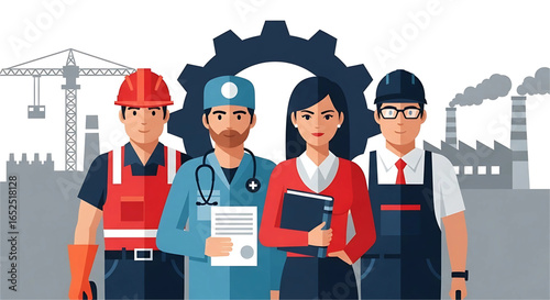 Diverse Professionals Contributing to Societal Progress in Industries like Healthcare, Construction and Management Symbolized by Cogwheel, Factory and Urban Development