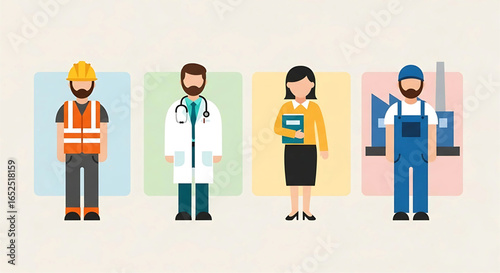 Diverse professional representations featuring a construction worker, doctor, teacher, and factory worker against vibrant pastel backgrounds each symbolizing their industry