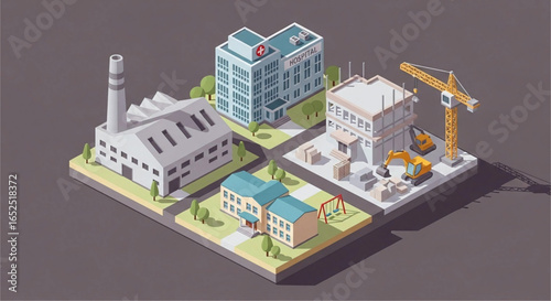 Isometric cityscape featuring a hospital, factory, school, and construction site presenting urban development in a stylized visual approach with muted tones