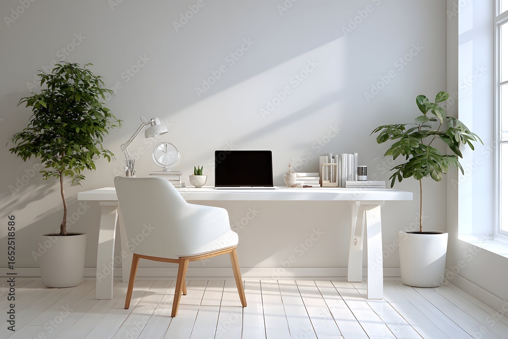 custom made wallpaper toronto digitalMinimum modern workspace featuring one white desk laptop and potted plant in bright room.