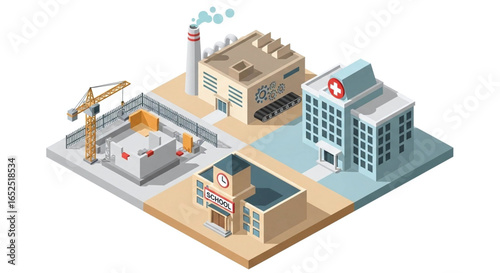 Isometric projection presenting a modern city with essential infrastructure, featuring a construction site, factory, school, and hospital in a balanced, minimalist style design