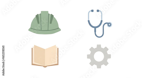 Depiction of essential tools representing diverse professional areas of labor and expertise using flat design and pastel colors for a clean, simplified presentation