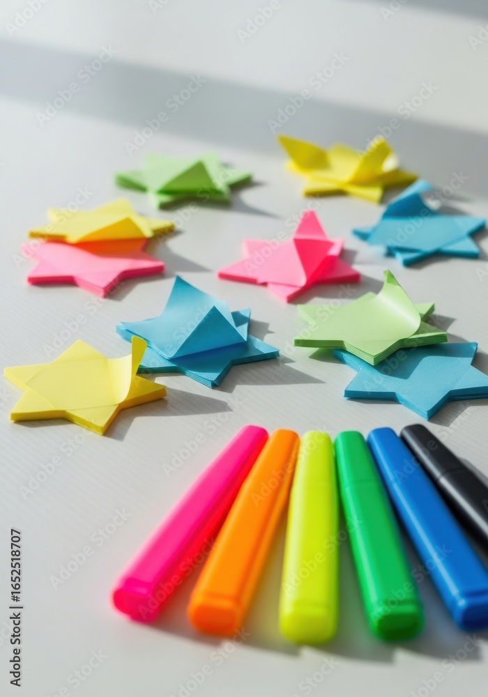 Fototapeta premium Artistic still life composition of colorful paper stars and vivid markers