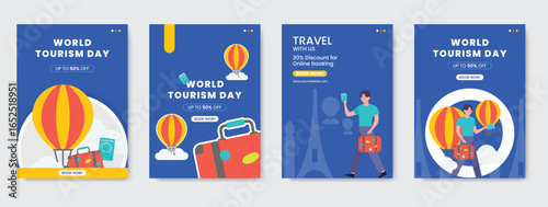 World Tourism Day poster set with travel elements such as suitcase, hot air balloon, passport, and landmarks in flat modern style. Perfect for tourism, vacation, holiday, and travel promotion design.